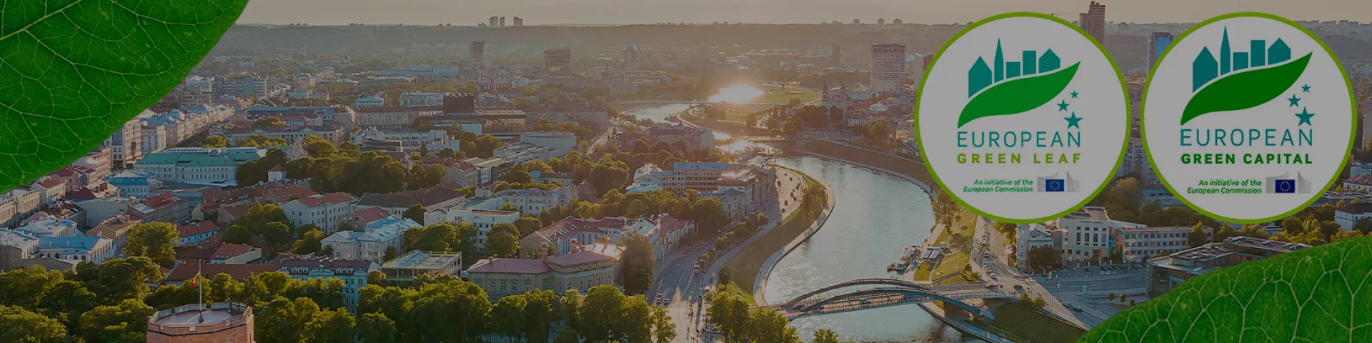 Aerial view of Vilnius, Lithuania. The image is branded with the EU Green Capital and EU Green Leaf logos