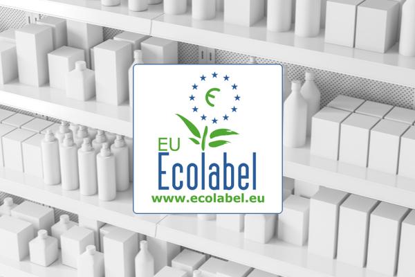 Store shelves with items and the EU Ecolabel logo