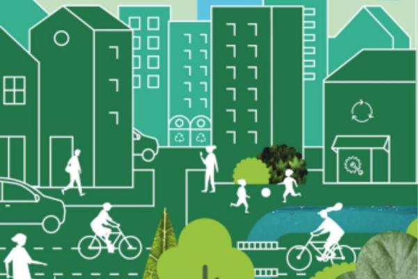 The main visual identity of the Green City accord. A drawing with a city and people walking and cycling through it.